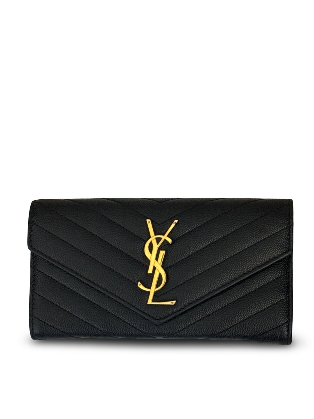 Saint Laurent Black Chevron Leather Wallet with Gold YSL Emblem Crossbody